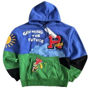 Blue and Green Hoodie with Puff Print Designs - Streetwear / Graphic